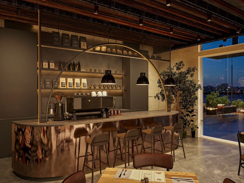 Thiết kế quán cafe ven sông gam màu trầm lãng mạn