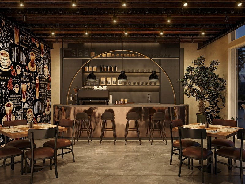 Thiết kế quán cafe ven sông gam màu trầm lãng mạn