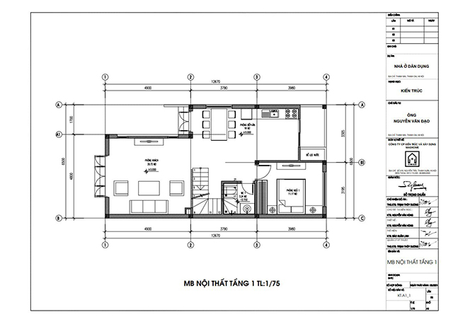 Mặt bằng nội thất tầng 1 nhà 2 tầng 1 tum 6x12m 4 phòng ngủ.