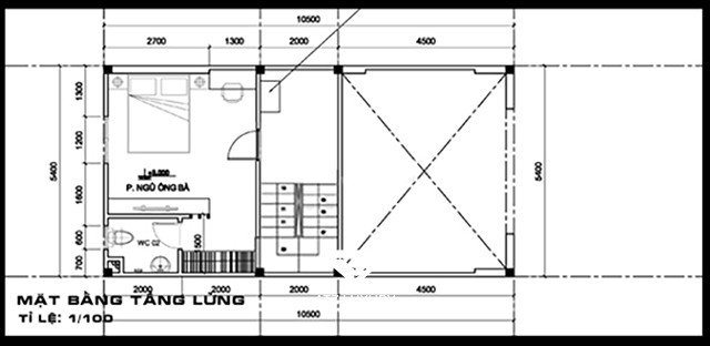 Mặt bằng tầng lửng nhà 2 tầng có tầng lửng mái Thái 72m2.