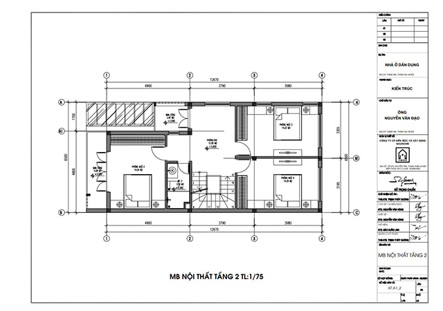 Mặt bằng nội thất tầng 2 nhà 2 tầng 1 tum 6x12m 4 phòng ngủ.