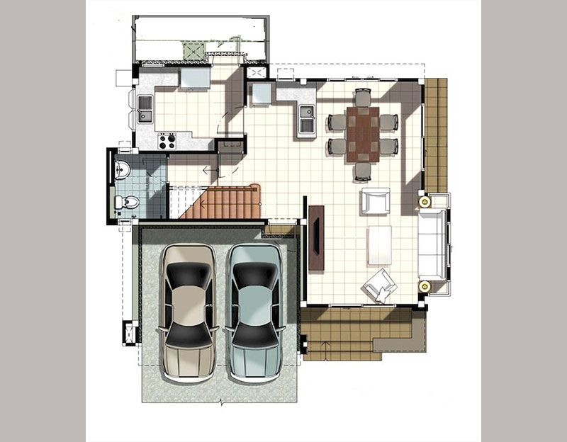 Bản vẽ mặt bằng bố trí không gian tầng 1 trong mẫu nhà biệt thự mini vuông, gồm: Gara để xe, phòng khách + ăn, phòng bếp, WC chung, cầu thang lên tầng 2