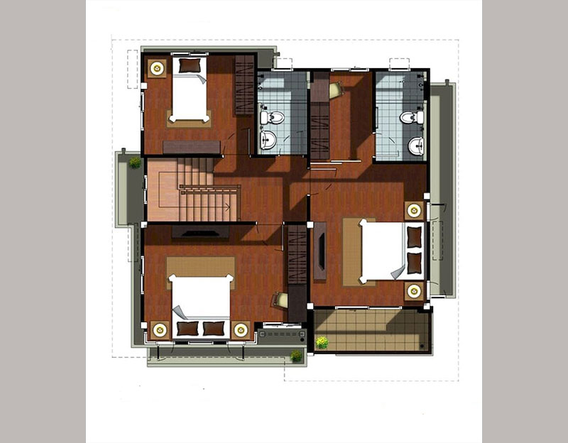Bản vẽ mặt bằng bố trí không gian tầng 2 trong mẫu nhà biệt thự mini vuông gồm 3PN và 2WC, ban công, cầu thang