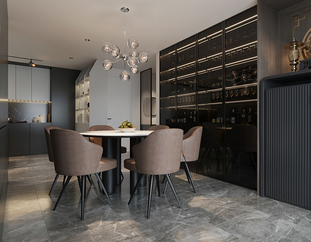 Không gian phòng ăn mẫu thiết kế nội thất biệt thự 150m2 phong cách Minimalism bao gồm bàn ăn và tủ rượu sang trọng 