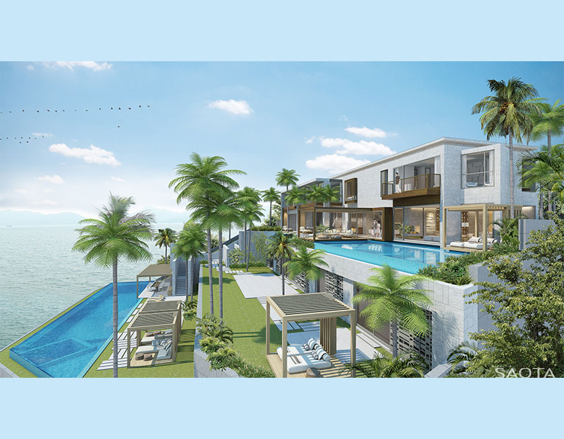 Mẫu 8: Mẫu biệt thự nghỉ dưỡng 3 tầng  phong cách hiện đại có hồ bơi ở tầng 1 và tầng 2 tựa như một khu resort cao cấp