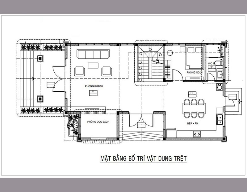 Sơ đồ mặt bằng không gian tầng trệt (tầng 1) gồm: Phòng khách, phòng bếp ăn, phòng đọc sách, phòng ngủ + WC