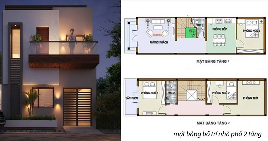 mặt bằng bố trí nhà phố 2 tầng