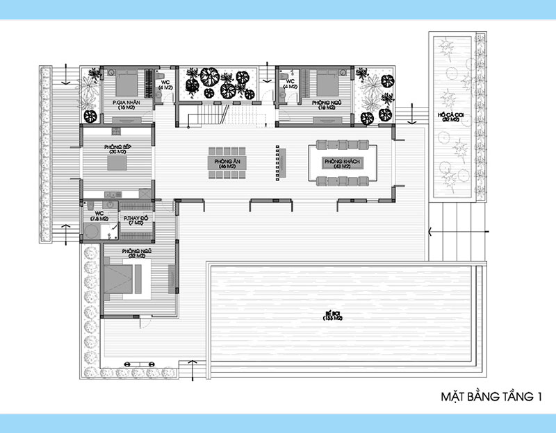 Mẫu 15: Ảnh 3 – Bản vẽ thiết kế mặt bằng tầng 1 villa nghỉ dưỡng gồm: Phòng khách, phòng bếp, phòng ăn, 3 phòng ngủ