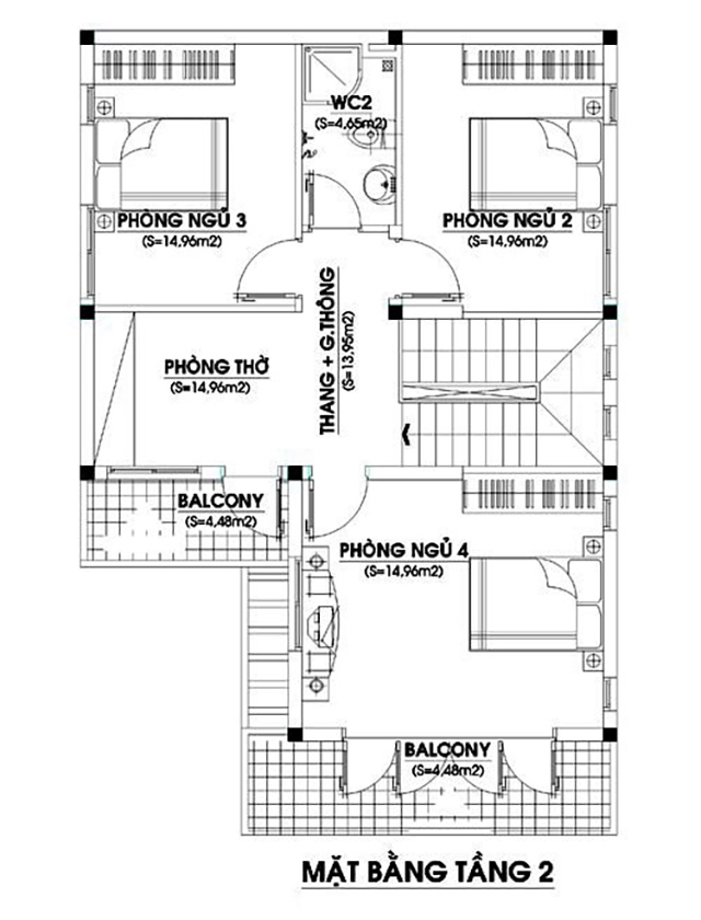 Thiết kế nhà phố 2 tầng M370 mái thái 6x13 có 4 phòng ngủ