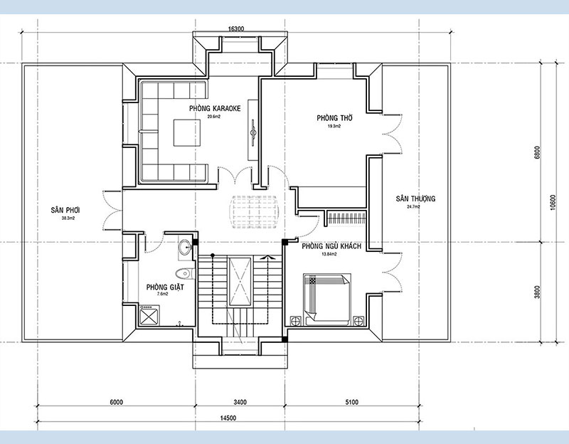 Mặt bằng tầng 3 bao gồm phòng ngủ của khách, phòng thờ, phòng karaoke, phòng giặt, sân phơi và sân thượng. 