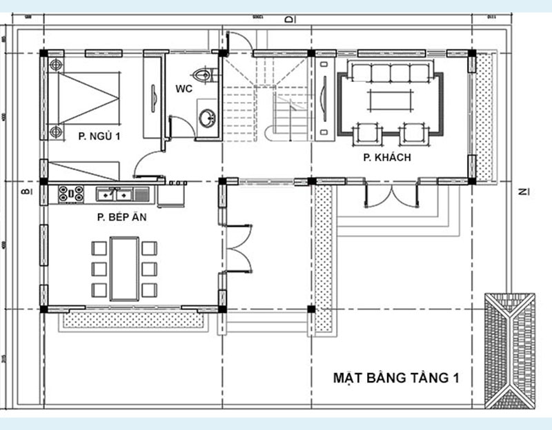 Bản vẽ thiết kế mặt bằng tầng 1 nhà biệt thự 2 tầng 80m2 – Tầng 1 gồm: Phòng khách, phòng bếp ăn và 1 phòng ngủ + WC