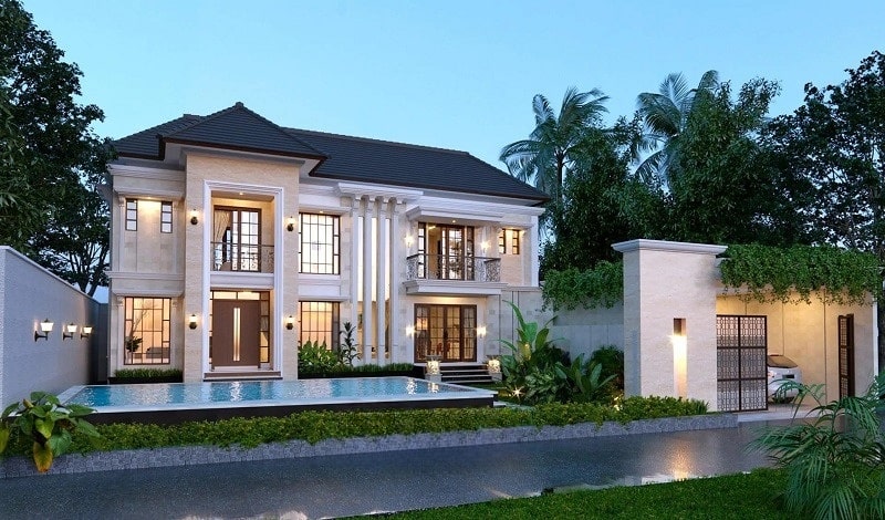 Mẫu biệt thự mini tân cổ điển 2 tầng có hồ bơi đẹp tinh tế