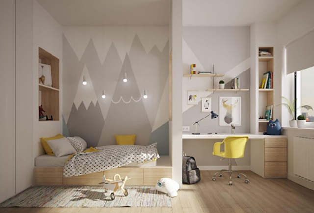 Ý tưởng thiết kế nội thất biệt thự cho phòng ngủ đối xứng của bé: Chia đều bức tường trong phòng ngủ của bé để bài trí nội thất cho việc học tập và nghỉ ngơi