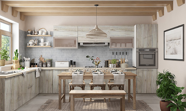 Trong phòng bếp, sự hài hòa và cân bằng đối xứng còn được thể hiện thông qua sự liên tục, liền mạch của các lớp hoàn thiện bằng gỗ và bàn đảo bếp trở thành tâm điểm trong thiết kế nội thất bếp, thêm 2,3 chiếc ghế để tăng thêm tính đối xứng cho không gian
