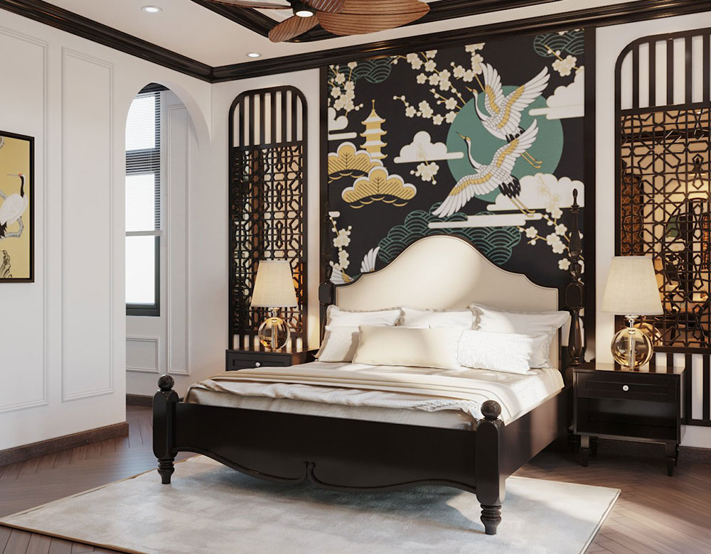 Nội thất phòng ngủ trong căn biệt thự Indochine Style vẫn sử dụng những màu sắc nhẹ nhàng làm chủ đạo kết hợp với những tone màu trầm hơn để tạo điểm nhấn