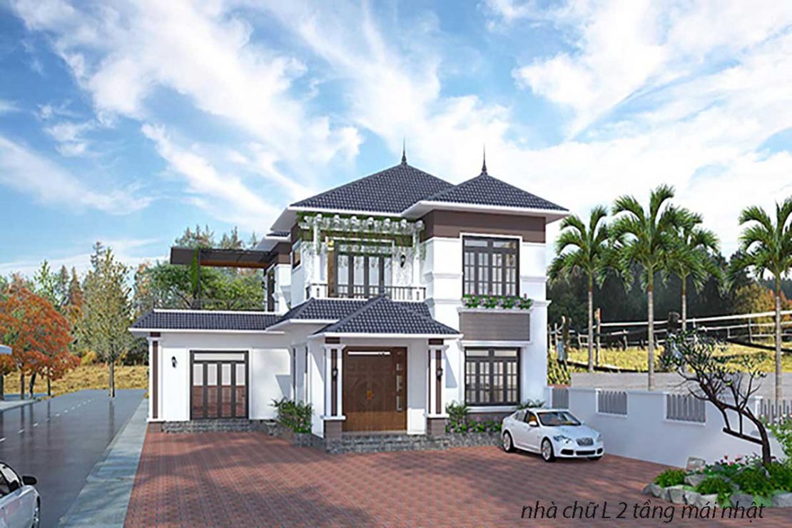 mẫu nhà chữ L 2 tầng mái Nhật đẹp