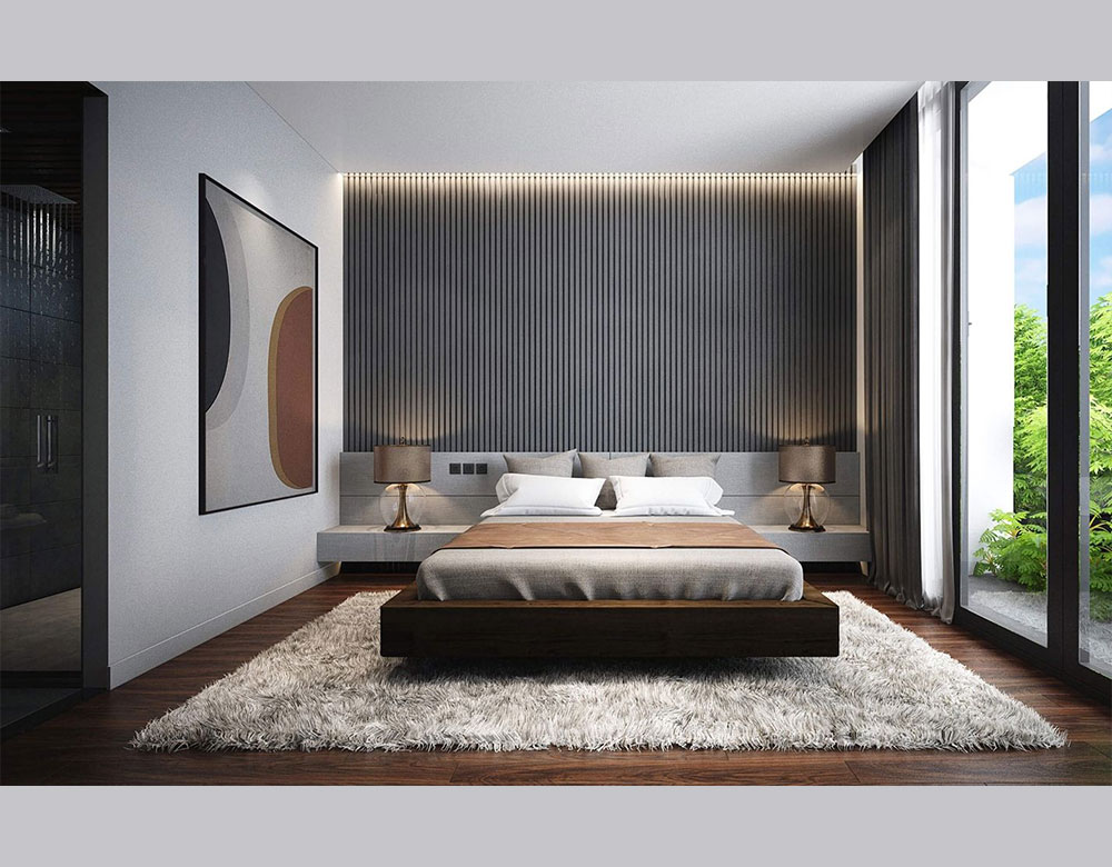 Phòng ngủ sử dụng 2 tông màu chủ đạo trắng và đen là sự lựa chọn hoàn hoản trong thiết kế nội thất biệt thự 120m2 cho Mr. Duy Thanh Hóa