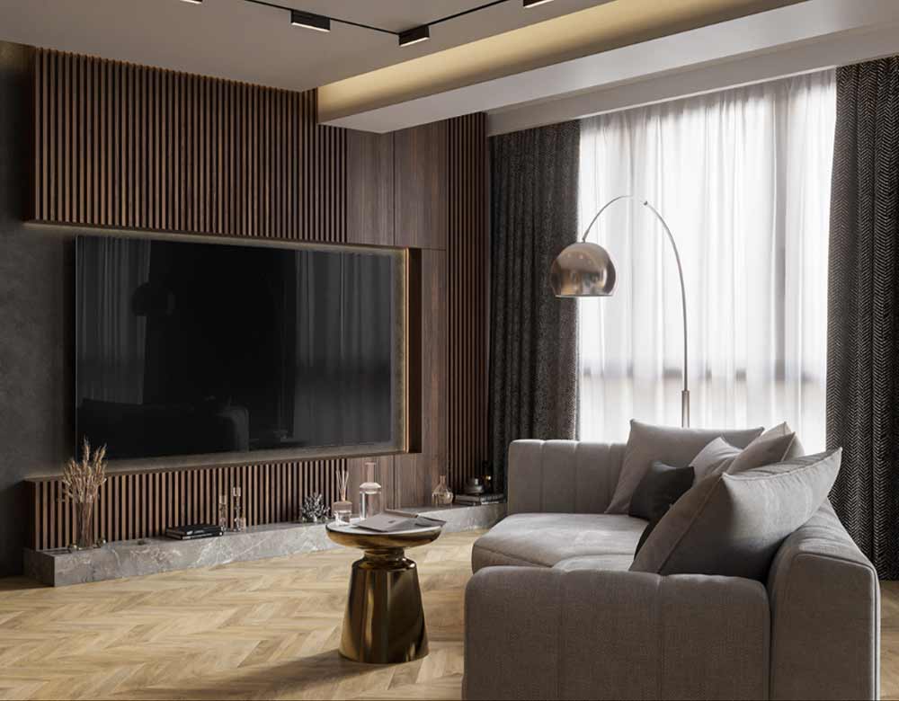 Đối diện bộ ghế sofa là tivi màn hình rộng gắn tường, mặt tường phía sau được ốp gỗ sang trọng