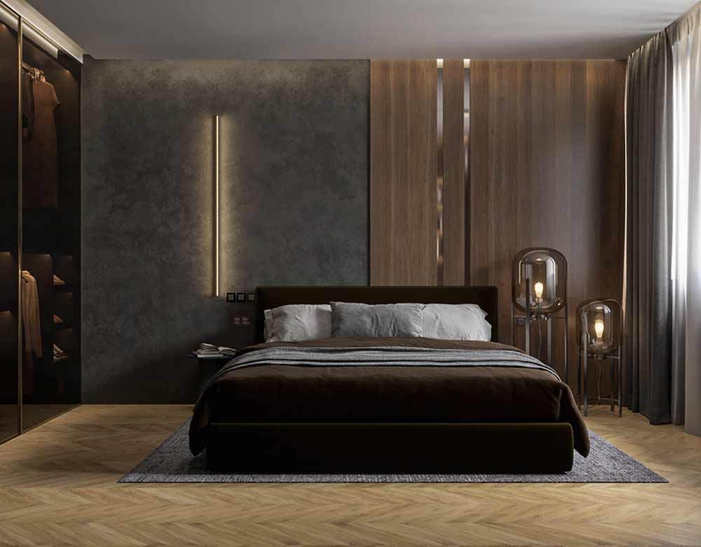 Giường ngủ được đặt ở vị trí trung tâm. Mặt tường phía sau được ốp gỗ và gạch kết hợp cân xứng
