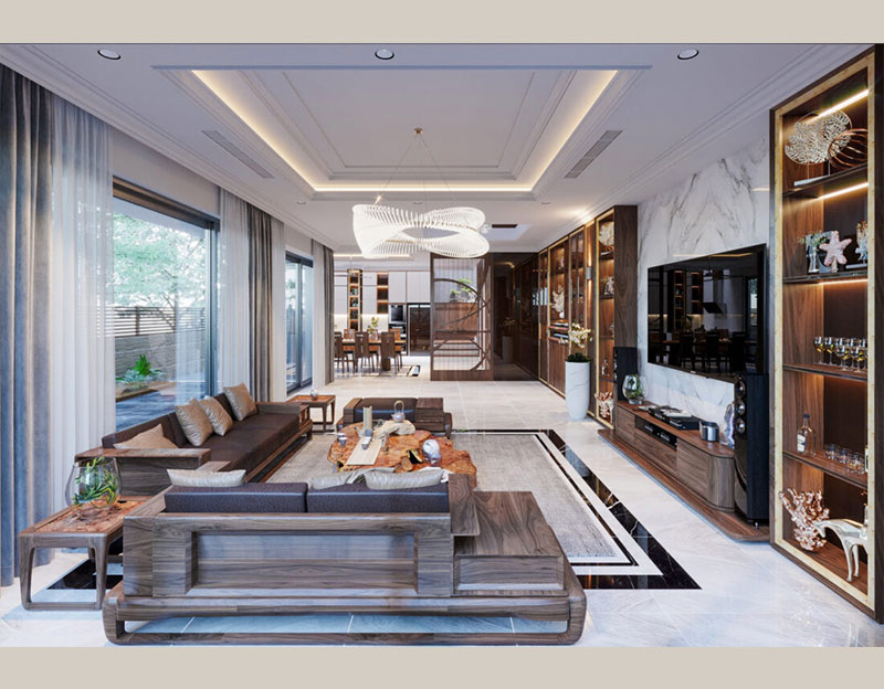 Nội thất biệt thự phong cách Luxury sử dụng chất liệu chính là gỗ cao cấp kết hợp ốp đá cẩm thạch