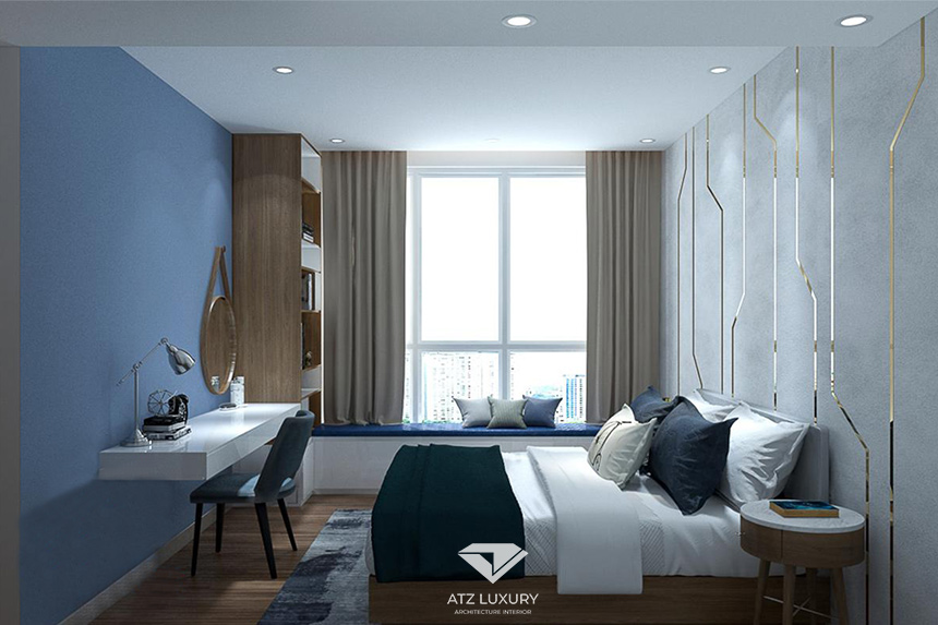 Phòng ngủ của căn hộ sử dụng tone màu trầm hơn để tạo giấc ngủ ngon hơn
