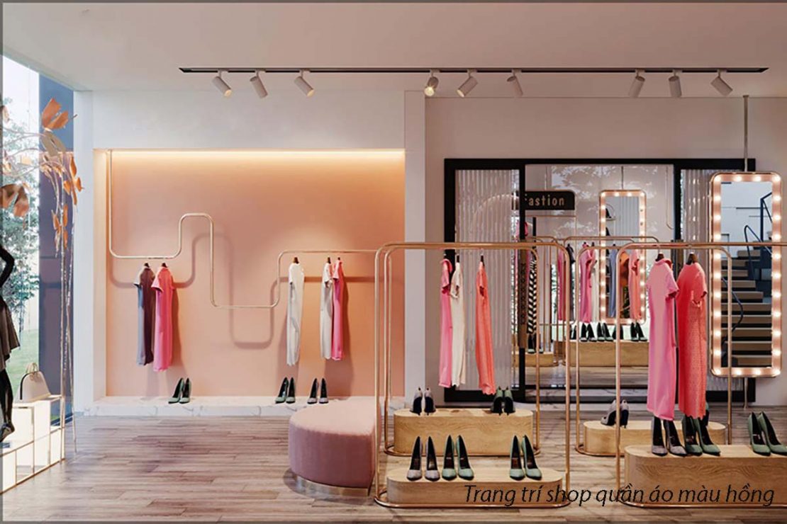 Trang trí shop quần áo màu hồng