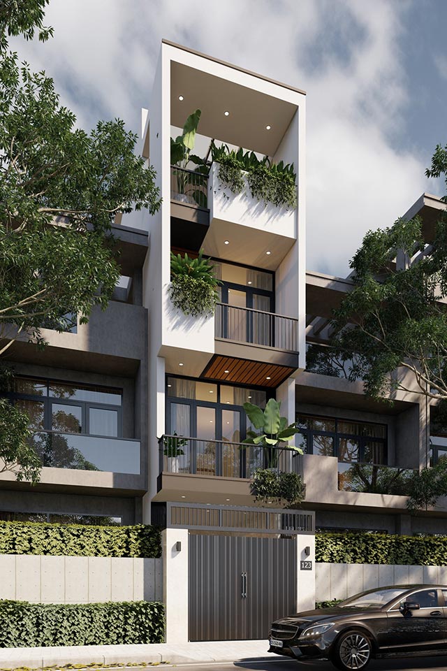 Góc chụp nghiêng của mẫu nhà phố 3 tầng 4x25m kiến trúc đơn giản và kết hợp hài hòa với mảng sống xanh.