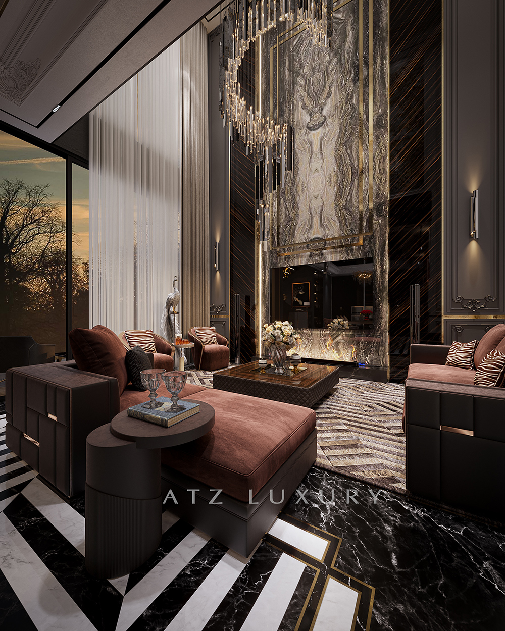 Mẫu phòng khách thông tầng tân cổ điển