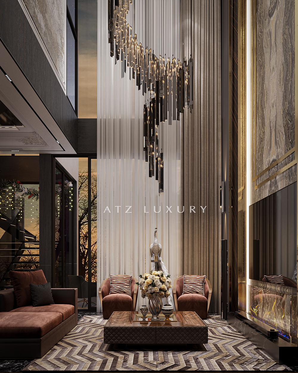 Mẫu phòng khách thông tầng tân cổ điển