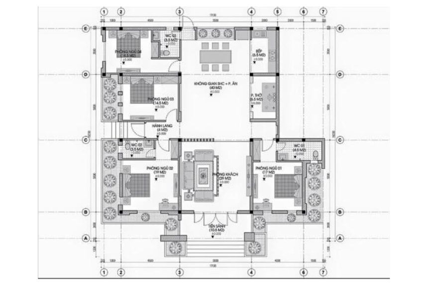 Bản vẽ nhà 1 tầng 4 phòng ngủ