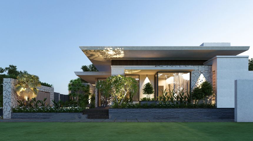 thiết kế biệt thự vườn 1 tầng 3 phòng ngủ mái bằng