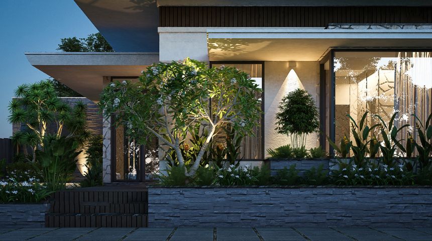 mẫu thiết kế biệt thự vườn 1 tầng 3 phòng ngủ mái bằng