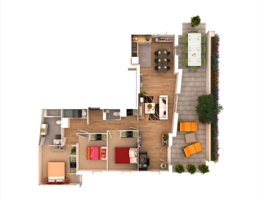 thiết kế biệt thự vườn 1 tầng 3 phòng ngủ chữ L