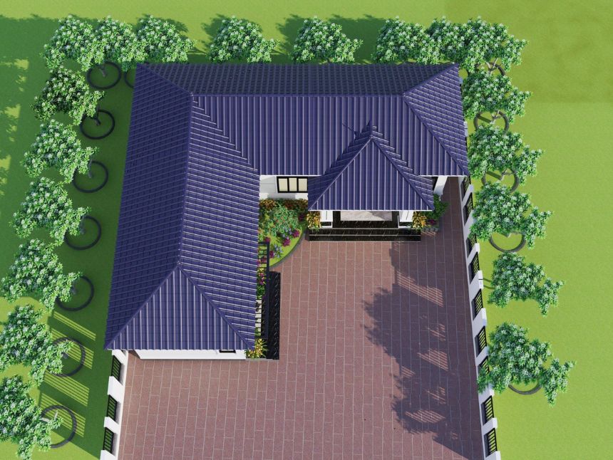 thiết kế biệt thự vườn 1 tầng 3 phòng ngủ chữ L