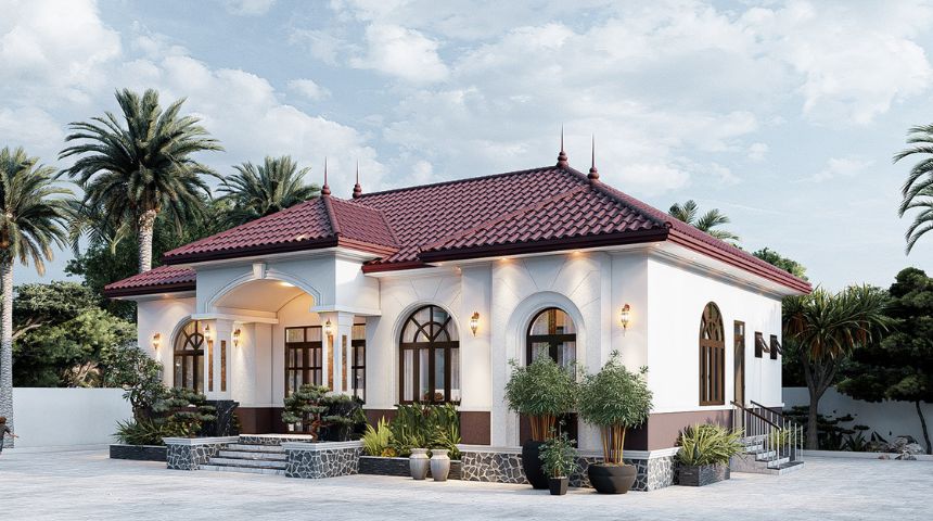 thiết kế biệt thự sân vườn 1 tầng mái Nhật