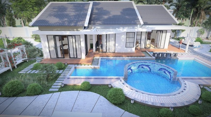 biệt thự vườn 1 tầng hiện đại 300m2