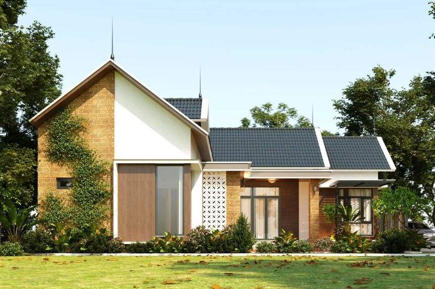 Thiet ke biet thu nha vuon 1 tang 120m2 3 phong ngu chu L