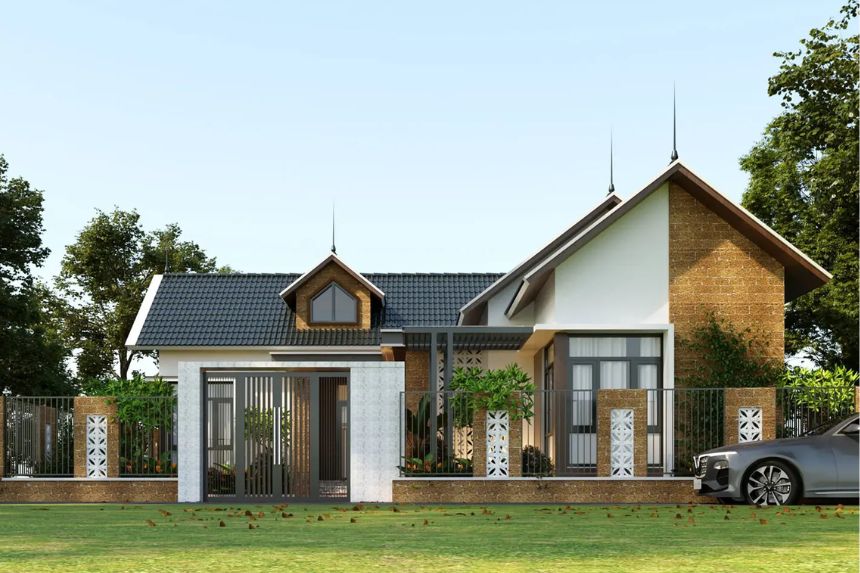 thiết kế biệt thự vườn 1 tầng 3 phòng ngủ chữ L