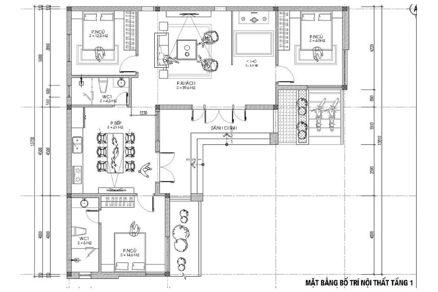 biệt thự vườn 1 tầng 3 phòng ngủ chữ L