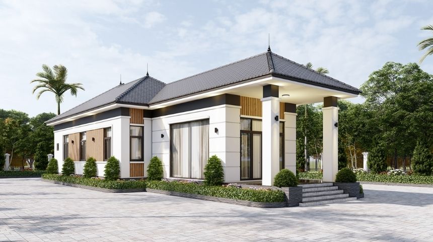 thiết kế biệt thự mái nhật 1 tầng