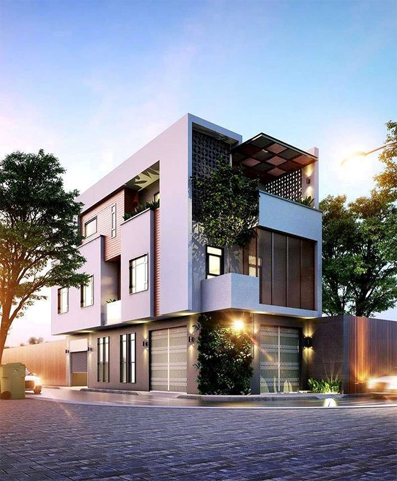 Bản phối cảnh nhà ở 3 tầng 4.5x15m hiện đại, kết hợp với không gian xanh mát mắt