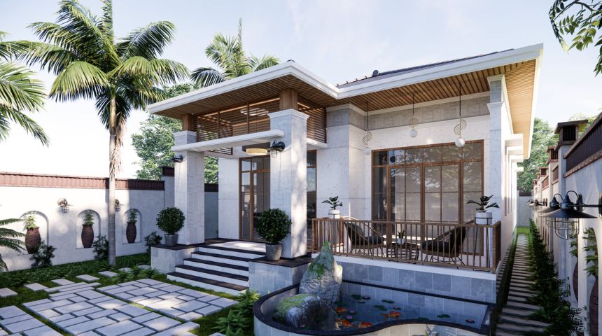 thiết kế villa nhà vườn 1 tầng hiện đại 3 phòng ngủ