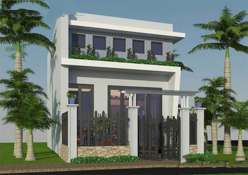 Nhà cấp 4 ngang 5m với gác lửng được bố trí thêm không gian xanh, giúp tăng tính thẩm mỹ và thoải mái cho ngôi nhà