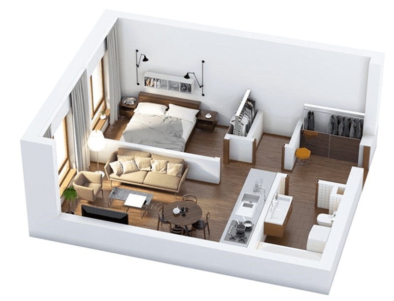 Thiết kế nhà cấp 4 ngang 5m, 1 phòng ngủ dành cho các cặp vợ chồng trẻ