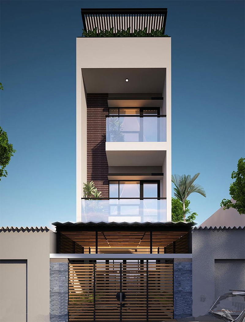 Phối cảnh nhà 3 tầng 5m ngang phong cách hiện đại tối giản, đáp ứng đầy đủ tiện nghi cho các thành viên trong gia đình