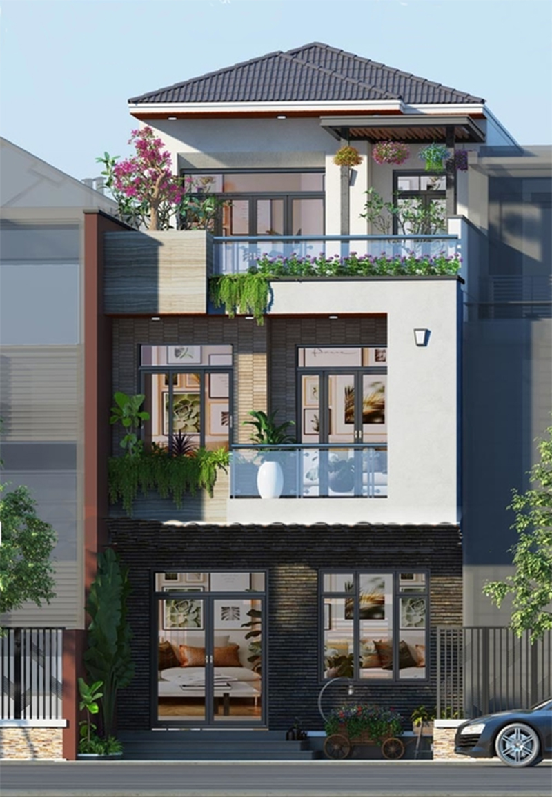 Bản phối cảnh nhà 3 tầng mái Nhật hiện đại, phù hợp với những ngôi nhà ở các thành phố lớn