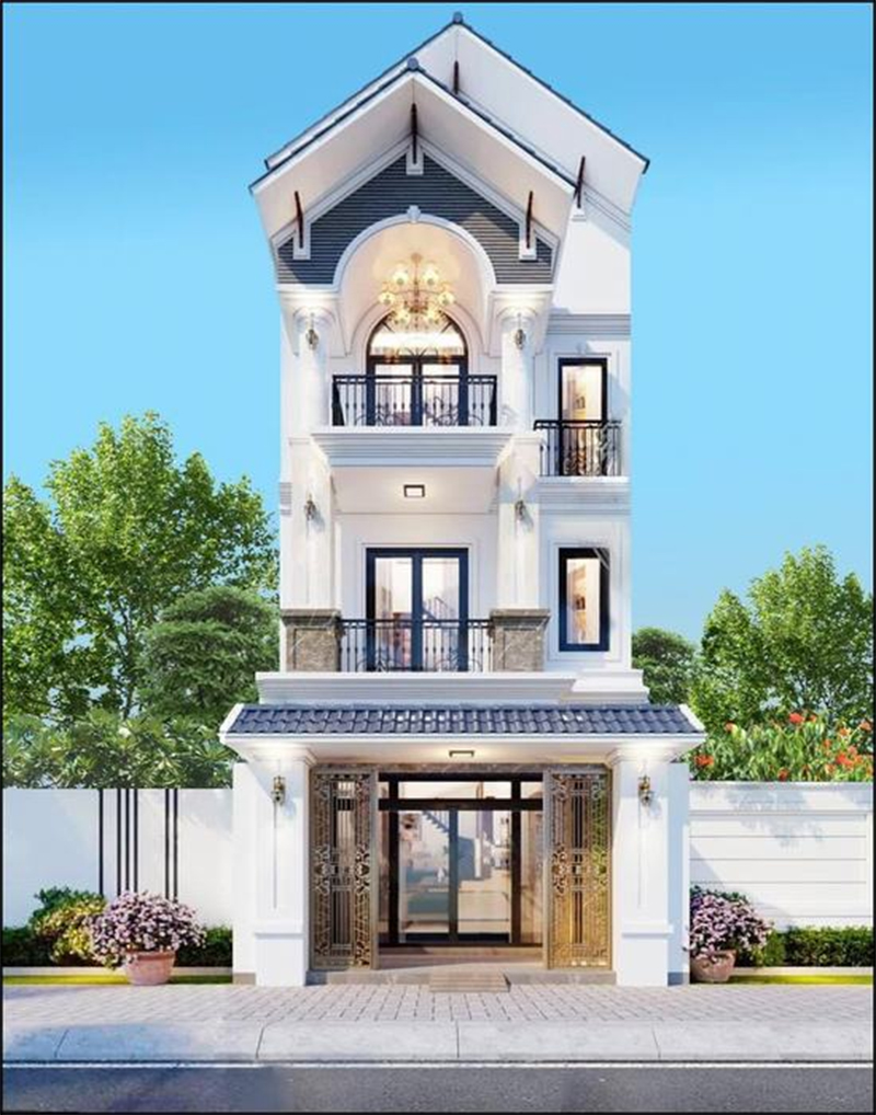 Thiết kế mái Thái màu xanh dương, kết hợp với tone màu trắng sữa của ngôi nhà