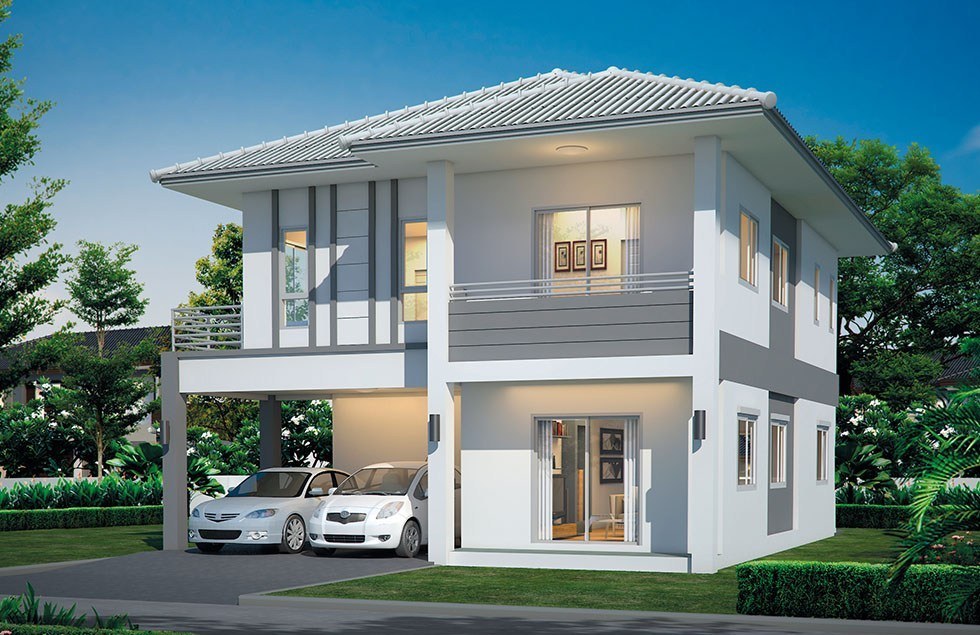 Bản phối cảnh nhà 2 tầng ngang 6m mang hơi thở của kiến trúc hiện đại, kết hợp với mái Thái càng làm cho tổng thể căn nhà trở nên sang trọng, thanh thoát