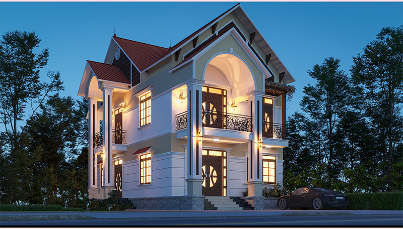 Bản phối cảnh nhà 2 tầng ngang 6m mang hơi thở của kiến trúc hiện đại, kết hợp với mái Thái càng làm cho tổng thể căn nhà trở nên sang trọng, thanh thoát