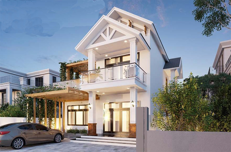 Thiết kế nhà 2 tầng mặt tiền 6m với mái Thái, cửa và ban công kính, cùng các chi tiết gỗ được kết hợp khéo léo, mang lại sự hiện đại rất riêng cho ngôi nhà